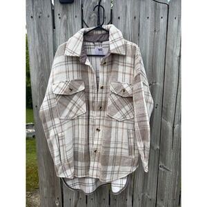 SO Womens Tan Plaid Oversized Shacket Wool Blend Button Front Shirt Jacket L